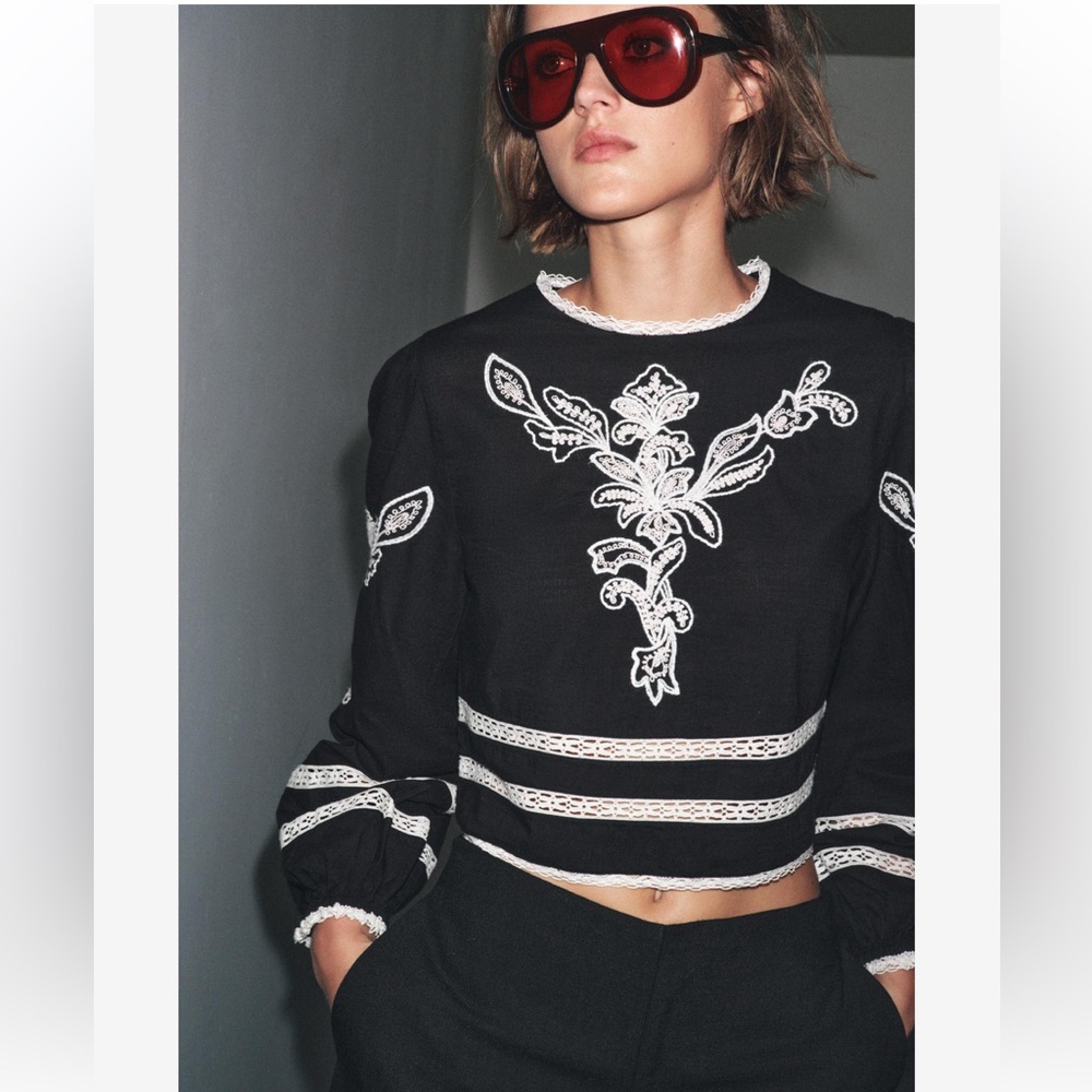 Zara ZW Collection Embroidered Cotton Blouse
